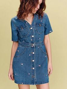 lacRébo Dark Blue Fitted Denim Mini Dress,Pink Floral Embroidery A-Line Skirt,French Vintage Cotton Vacation Dress,Blue Pink,Autumn,Casual,Everyday - Dark Wash - View 3