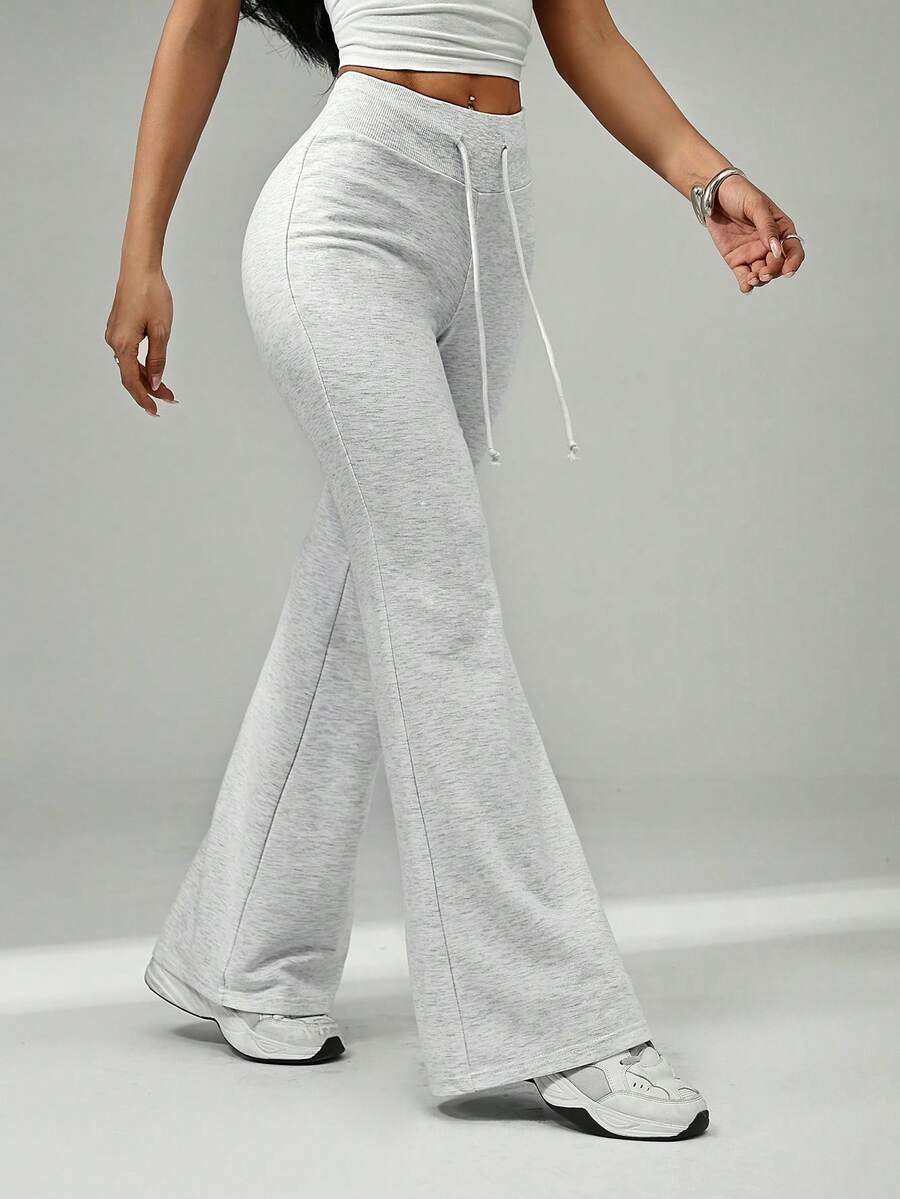 SHEIN PETITE 抽绳腰喇叭裤腿运动裤 - 淺灰色 - 查看 1