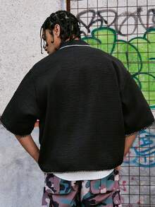 PAVTROS Camisa de manga corta holgada y casual con bordado de letras para hombre - Negro - Ver 2