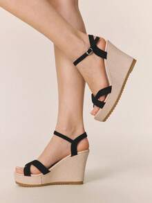 Styleloop 女士厚底坡跟凉鞋，黑色夏季露趾草编鞋，波西米亚风度假鞋罗马沙滩凉鞋，适合度假季、春夏季穿着 - 黑色布面 - 查看 2