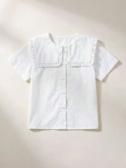 Maija Kids 1pc Young Girls Elegant Refined Casual School Style Solid Color Square Collar Short Sleeve Shirt, Suitable For Outings, Gatherings, Festivals, Spring, Summer