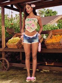 ROMWE Y2K Island Babe Lily Print Halter Neck Tie Strap Sexy Camisole For Women - Pale Yellow - View 2