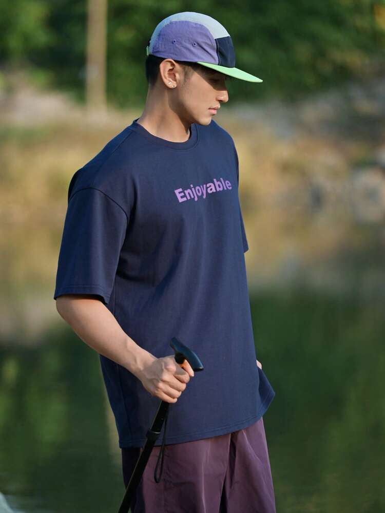 Men's Letter Print Short Sleeve T-Shirt, Navy Blue, Summer