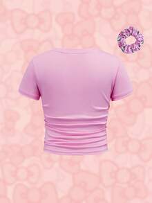 HELLO KITTY AND FRIENDS | SHEIN 少女可爱猫咪印花休闲圆领短袖T恤，附赠发圈 - 粉色 - 查看 2