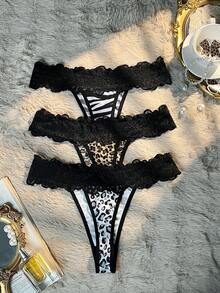 SHEIN 3pcs/Set Lace Patchwork Leopard Print Sexy Thong Panties - Multicolor - View 2