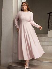 ZEYLAH Elegant Round Neck Pearl Decor Long Sleeve Fit & Flare Dress, Spring/Summer - Pink - View 5