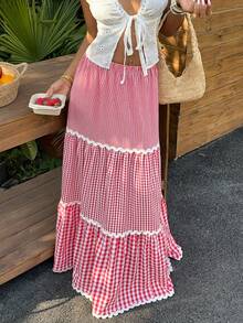 Sunnyshic 红色格子白丝带装饰低腰半身裙，女士春夏度假海滩波西米亚风优雅通勤简约甜美可爱约会日常百搭款 - 紅色 - 查看 5