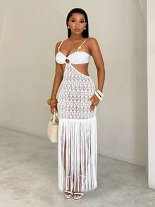 SHEIN BamGlam Đầm mùa hè gợi cảm màu trắng, chất liệu ren dệt họa tiết, dáng dài ngang gối, có bèo nhún ở gấu, thích hợp cho các bữa tiệc. Đầm ren, gấu bèo nhún, kiểu dáng gợi cảm, trang phục dự tiệc. Thích hợp cho kỳ nghỉ biển, có đính hạt cườm trên vai. - Màu be - Xem 3