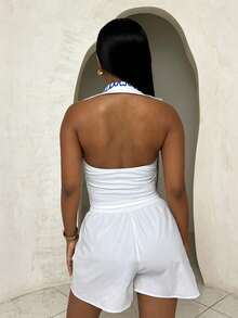 BamGleam Women's Sexy Vacation Fitted Contour Print Cropped Backless Halter Neck Sleeveless Tank Top, Spring/Summer - White - View 2