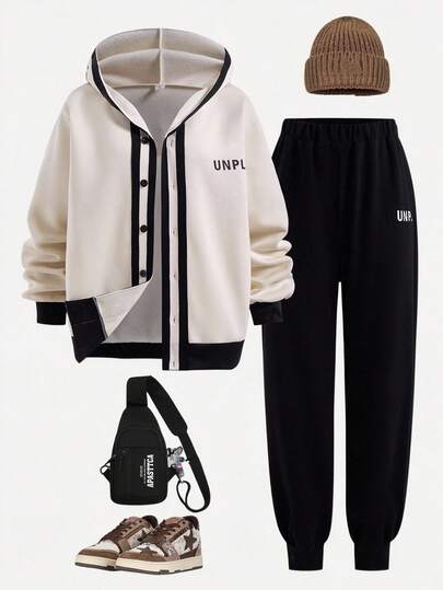 SHEIN Casuvi Kids 1 Set Teenage Boys Casual Minimalist Style Beige & Black Hoodie Sweatshirt With Black Pants, Regular Thickness, Everyday Wear, Autumn Fall Winter