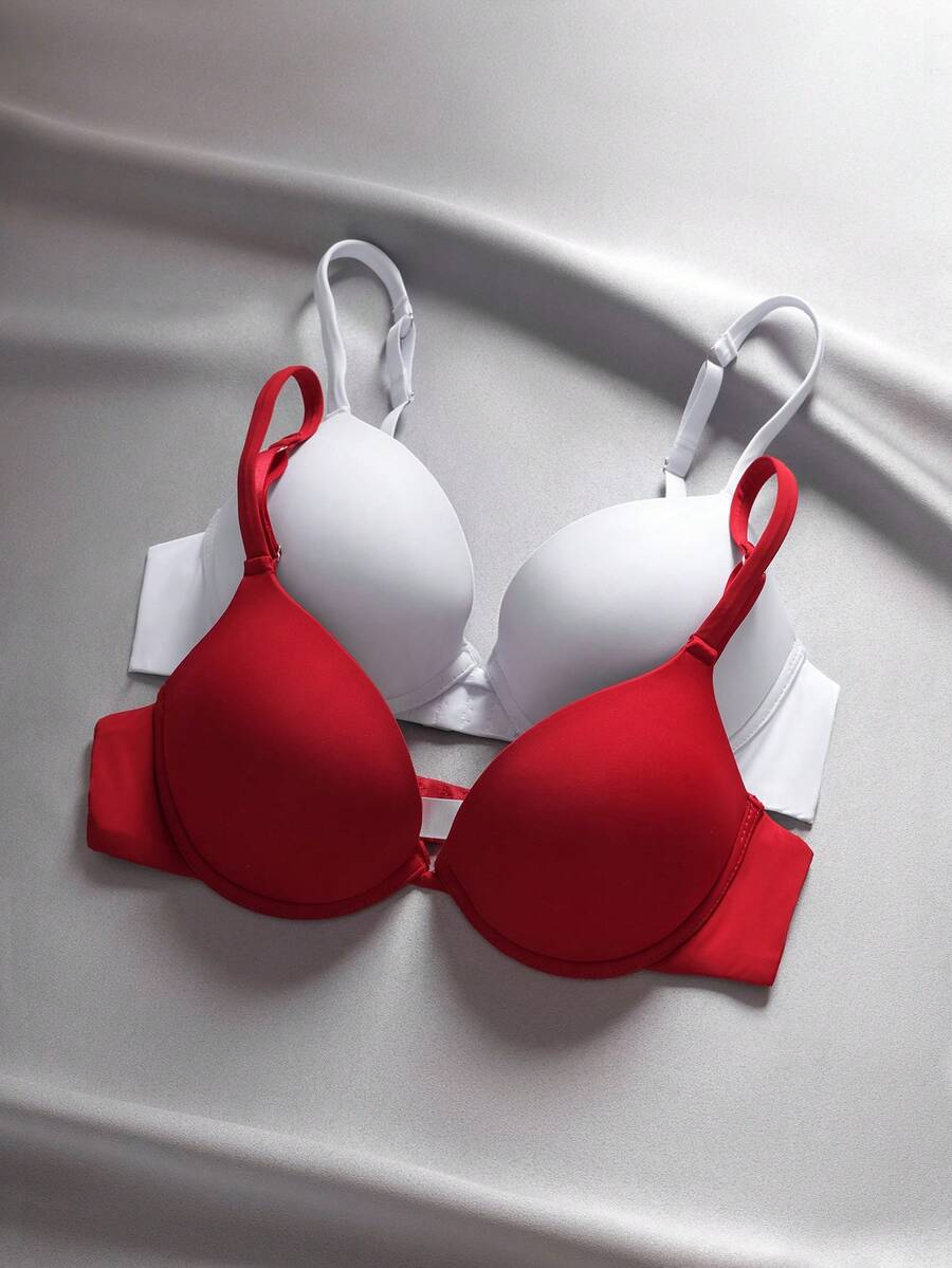 EmpressEnvy Solid Color Minimalist Steel Hoop Bra Bra Packpush Up Braspush Up Bra Two Set 2 Pcs - Multicolor - View 1