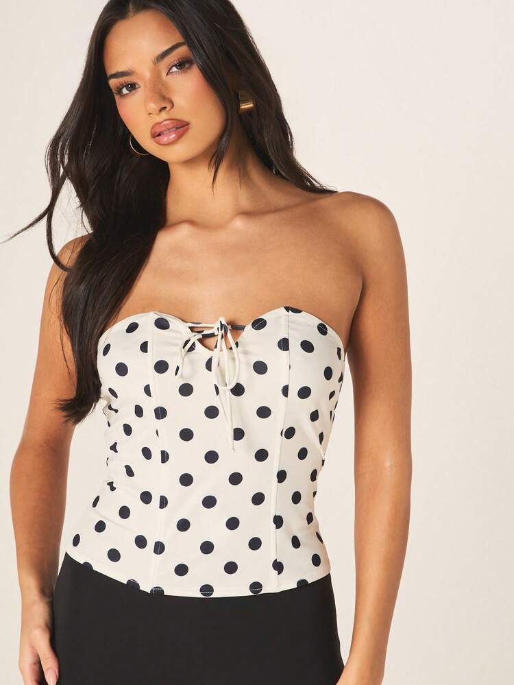 MISSGUIDED Women Strapless Polka Dot Bandeau Top With Tie Detail And Back Zipper Closure For Summer Casual Outings