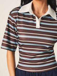 MISSGUIDED Women's Retro Striped Polo Shirt Short Sleeve Collared Button Up Casual Spring Summer Top - Multicolor - View 2