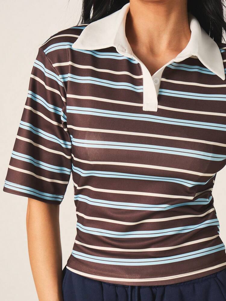 MISSGUIDED Women's Retro Striped Polo Shirt Short Sleeve Collared Button Up Casual Spring Summer Top