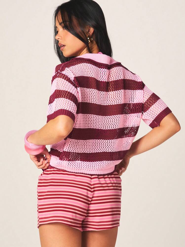 MISSGUIDED レディース オープンフロント ボタンアップ ストライプ ニットカーディガン 半袖 カジュアル 春夏 レイヤリングに最適