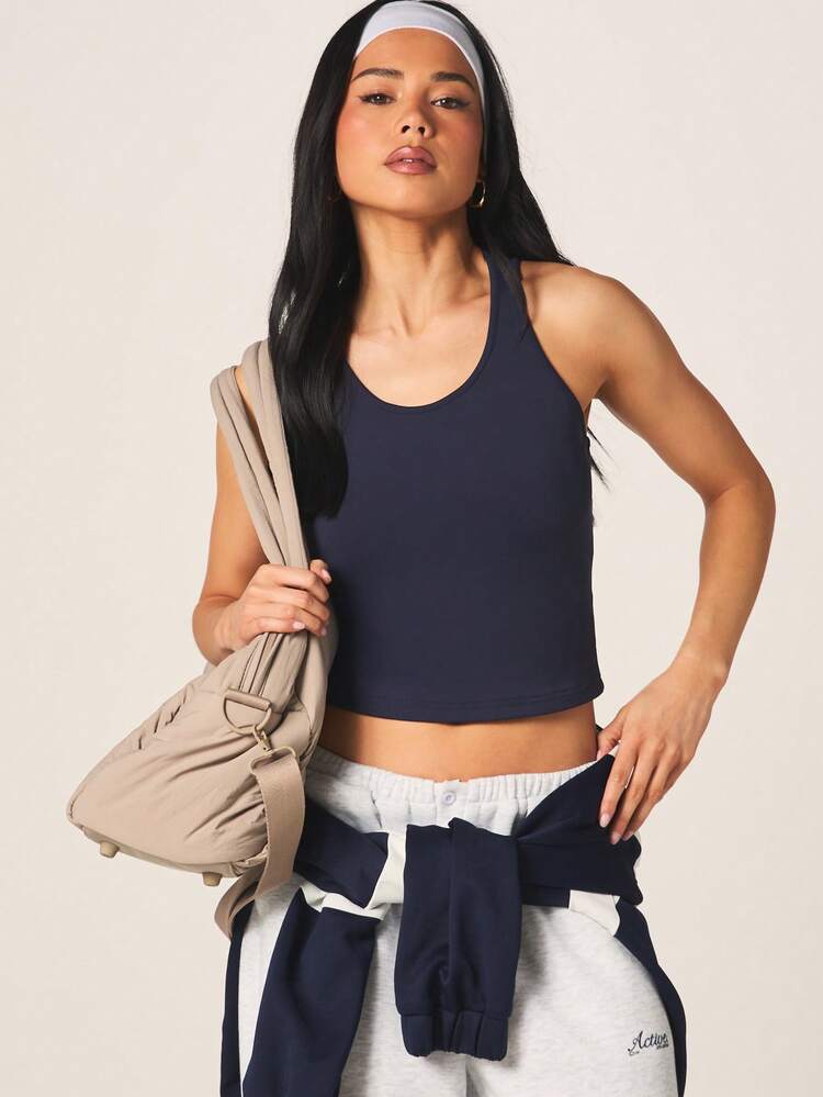 MISSGUIDED Navy Blue Scoop Neck Sleeveless Tank Top Racerback Style Casual Fitted Summer Everyday Basic Vest Women