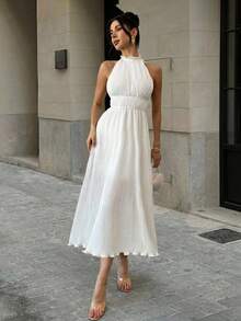 Firerie Vestido midi blanco con espalda descubierta y plisado sexy para vacaciones, sin mangas para el verano - Blanco - Ver 8