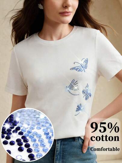 Anewsta Women's Elegant Fashion Fitted Rhinestone Embellished T-Shirt, Suitable For Commuting