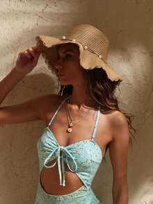 Swim Chiccia 1 件女士卡其色波浪海滩太阳帽，带人造珍珠和蝴蝶结细节，优雅的海滩旅行度假太阳帽 - 卡其色 - 查看 11