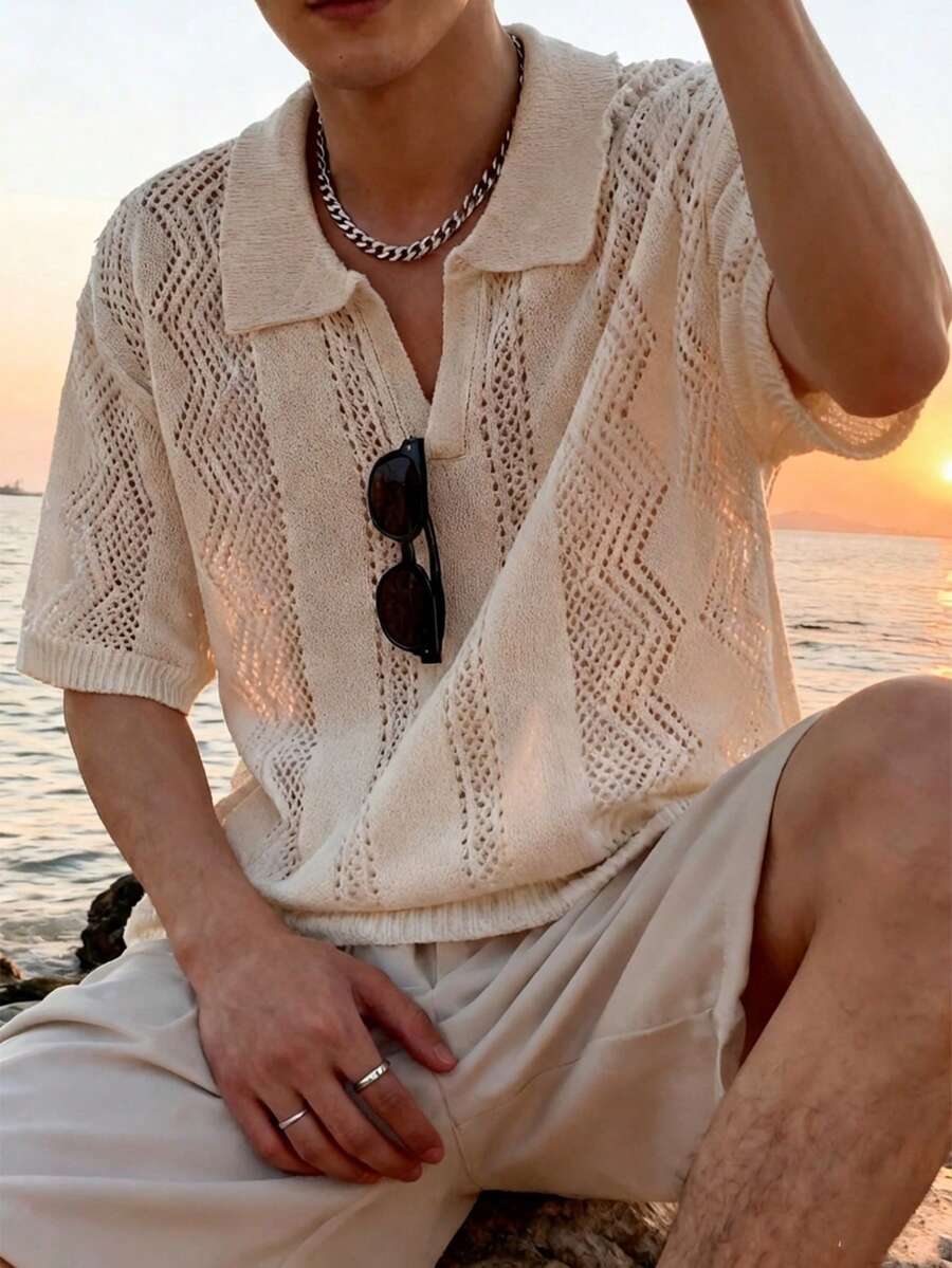 Manfinity RSRT 男士夏季度假纯色短袖镂空针织上衣 男士度假休闲宽松衬衫 男士衬衫套装 男士亚麻服装 - 杏色 - 查看 1