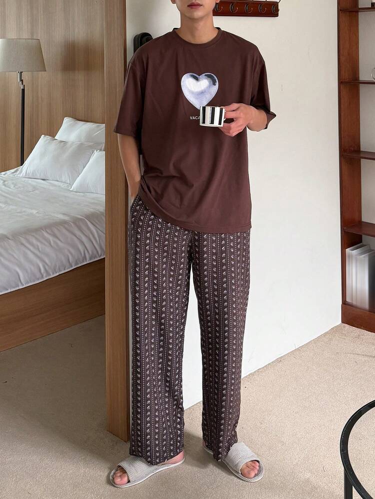 Men's Short Sleeve Letter Print Pajama Set With Pants, For Spring/Summer