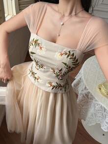 DAZY Floral Embroidery Contrast Mesh Pleated High Waist Dress For Women Sundress Summer - Pink - View 3
