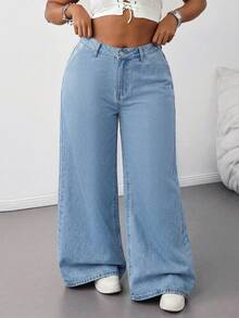 SHEIN Tall CURVE 大码浅蓝色弹力腰休闲直筒宽松牛仔裤 - 淺色水洗藍 - 查看 3