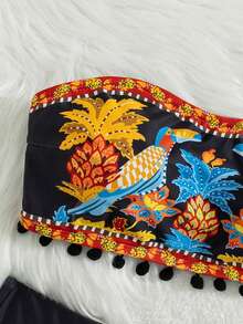 Bộ bikini cúp ngực không dây màu đen thanh lịch dành cho nữ của Swim Vcay với họa tiết hoa nhiều màu sắc và hình voi, 2026. Bộ đồ bơi hai mảnh ôm sát tôn dáng với áo cúp ngực co giãn, kiểu dáng bohemian tối giản sang trọng với chất liệu satin, thích hợp cho kỳ nghỉ hè, trang phục đi biển không dây dự tiệc bể bơi dành cho nữ. - màu đen - Xem 6