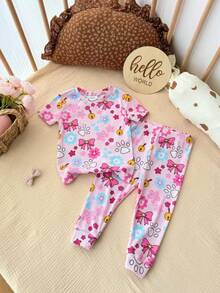 SHEIN 4件套 Dozemod 儿童女童休闲简约修身圆领短袖上衣和裤子家居服套装，卡通图案，适合春夏穿着 - 淺粉色 - 查看 4