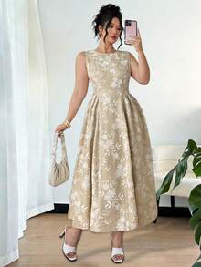 Elenzga Plus Size Women's Elegant French Style Embroidery Print Sleeveless Waist Cinched Jacquard Midi Dress,Beige Summer Wedding Bridal Wedding Guest Dress - Apricot - View 3