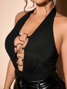 Cravure Plus Size 's Knitted Striped Metal Buckle Decor Bodysuit,70's Summer Night Out Club Party Style,Suitable For Vacation&Music Festivals - Black - View 7