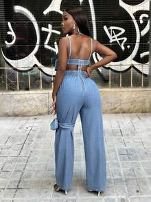 Slaydiva Women's Fashion Avant-Garde Asymmetric Criss-Cross Single Side Tie Strap Zipper Closure Fitted High Waist Denim Jumpsuit - Blue - View 2