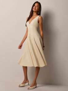 COSMINA Women's Elegant Sleeveless Deep V Buttoned Waist A-Line Mid-Length Dress, Versatile For Commuting, Office, Dating, Evening Party, All Season - Cream - View 7