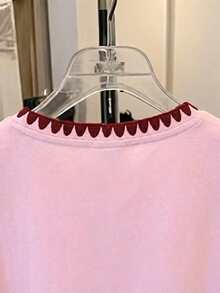 少女樱桃字母印花圆领短袖休闲T恤 - 粉色 - 查看 4