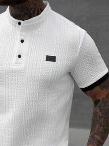Manfinity Homme Men's White Textured Jacquard Short Sleeve Polo Shirt And Shorts Set,White And Black Summer Streetwear Vacation Button Collared Polo Shirt Set - White - View 3