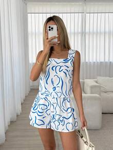 Easowa Women's Line Pattern Square Neck Sleeveless Top And Loose Shorts 2 Pieces Set - Multicolor - View 2