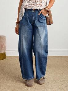 SHEIN PETITE 女士纽扣腰带设计口袋锥形休闲牛仔裤 - 深色水洗藍 - 查看 4