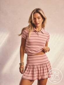 Aralina Chic Stretch Knit Stripe Polo Collar Slim Fit Cropped Top And Flowy Mini Skirt Co Ord Set - Multicolor - View 5