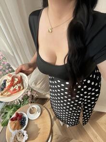 SHEIN EZwear 女士黑色圆领针织上衣和印花开衩裙两件套，加大码 - 黑色 - 查看 5