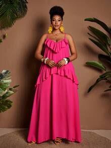 Maweii 大码女士度假连衣裙，纯色梭织无弹力面料，V领吊带设计，领口荷叶边，下摆荷叶边，大码喇叭裙摆，露背设计，适合派对、音乐节、海滩度假等场合，百搭款式，新款大码长裙 - 玫紅色 - 查看 6