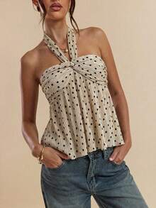 SHEIN BAE Polka Dot Pleated Elegant Blouse, Spring/Summer - Apricot - View 3