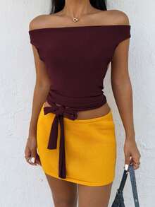 INAWLY Ensemble débardeur court en tricot à col drapé et nœud à la taille et mini-jupe en tricot de couleur unie pour femmes - Multicolore - Voir 6