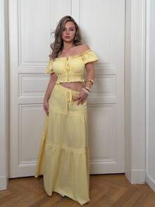 Jeta Ari New Off-Shoulder Puff Sleeve Front Tied Bow Waist Flared Hem Skirt Set, Vacation Casual Elegant Youthful Versatile Slimming Refined Ladies 2pcs Outfit - Yellow - View 5