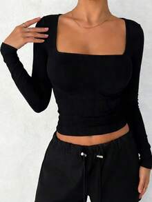 DAZY Áo thun nữ tay dài cổ vuông dáng ôm vừa vặn, kiểu áo croptop thường ngày. - màu đen - Xem 5