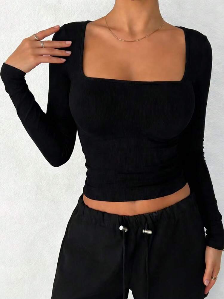 Women's Square Neck Long Sleeve Slim Fit Casual T-Shirt Crop Tops Women