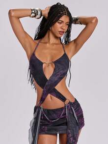 ROMWE Váy hai dây ngắn kiểu dáng Y2K Baddie Vacation với đường viền bèo nhún chéo ở eo và họa tiết trang trí. - Màu tím - Xem 5