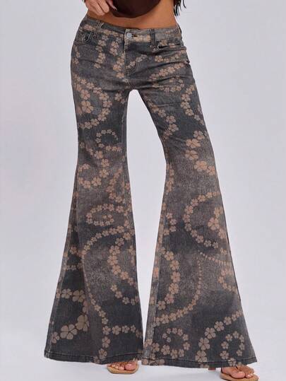ROMWE Spring/Summer Y2K Retro Millennium Baddie Vintage Floral Distressed Print Women's Slim Fit Flare Jeans