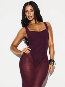 KIZN Vestido largo ajustado de mujer de cuello cuadrado sin mangas color burdeos con detalle de cintura fruncida para fiestas, eventos y cócteles - Burdeos - Ver 4