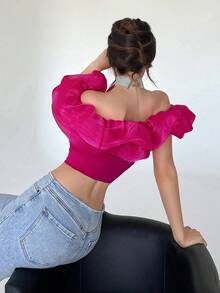 Aloruh Off Shoulder Ruffle Trim Crop Top - Hot Pink - View 3