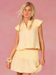 Athîral Women's Casual Vacation Yellow Peter Pan Collar Top And Skirt 2-Piece Set, Spring/Summer Outfit, Cute 2-Piece Set, Date/Party Outfit, Outdoor Outfit, Party Outfit, Holiday/Vacation Outfit, Casual 2-Piece Set - Light Yellow - View 6